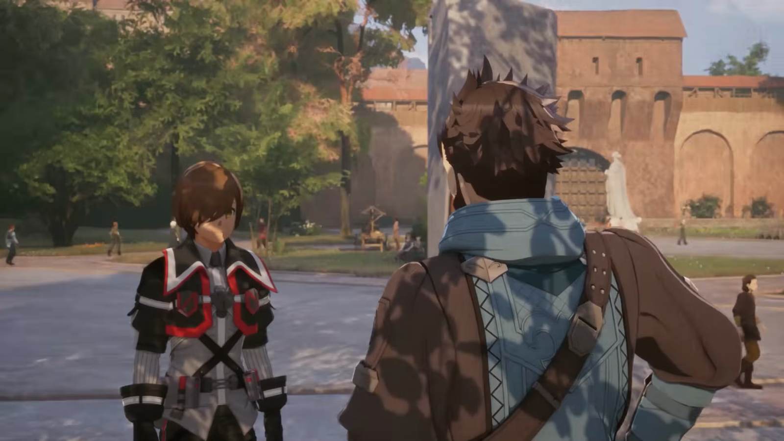 A player character and partner exploring a town in the Echoes of Aincrad demo