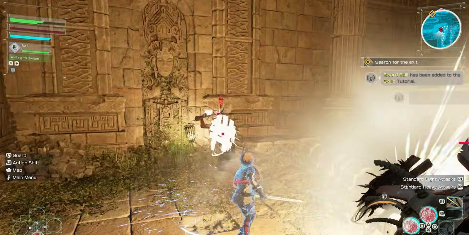 Combat against multiple enemies in the prologue dungeon of the Echoes of Aincrad demo