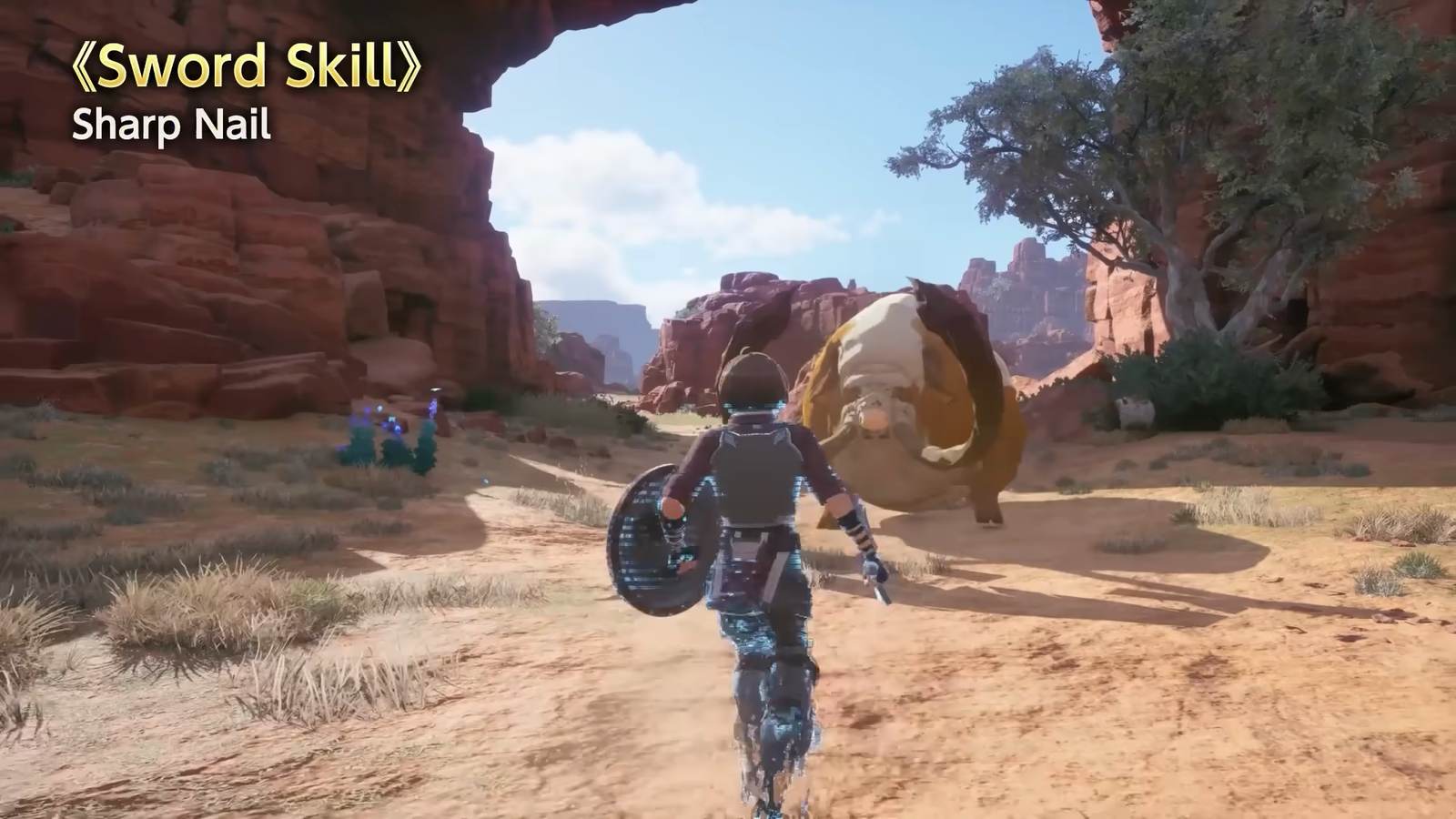A sword-and-shield weapon in action in Echoes of Aincrad