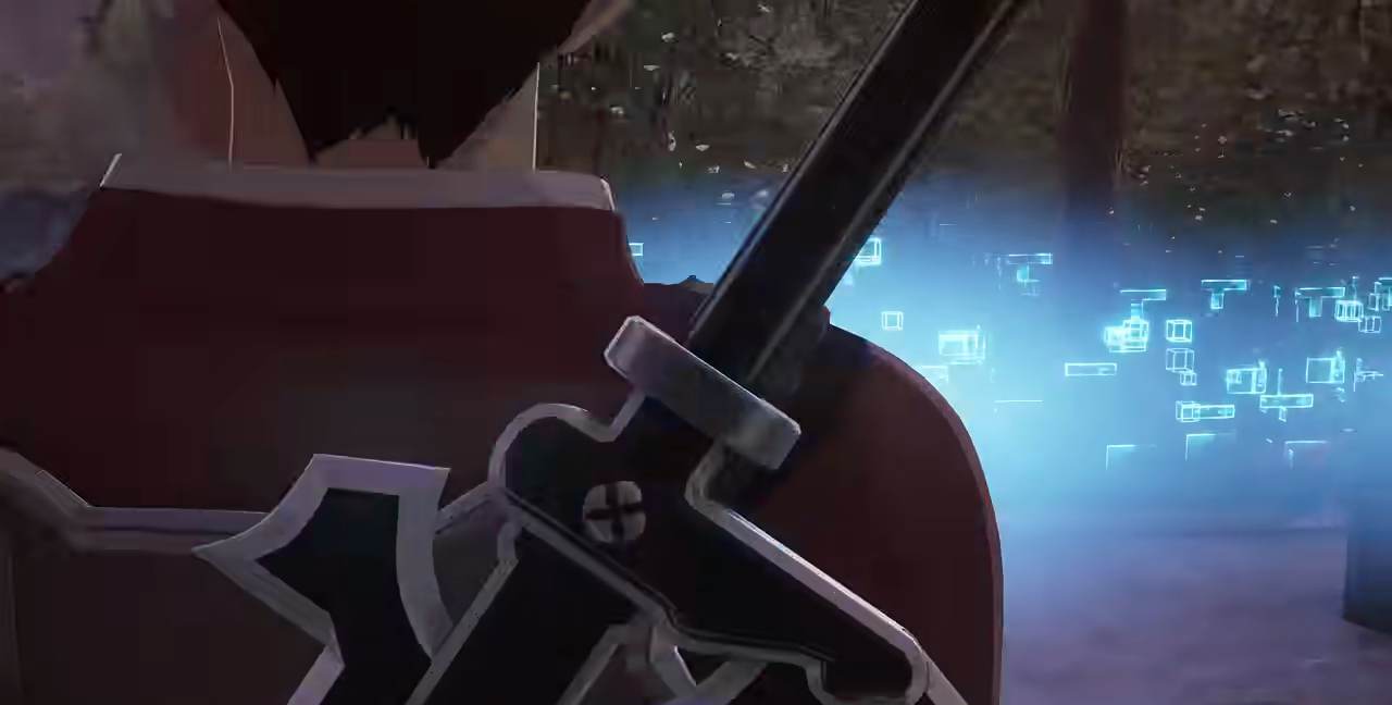 A two-handed greatsword carried on a character's back in Echoes of Aincrad