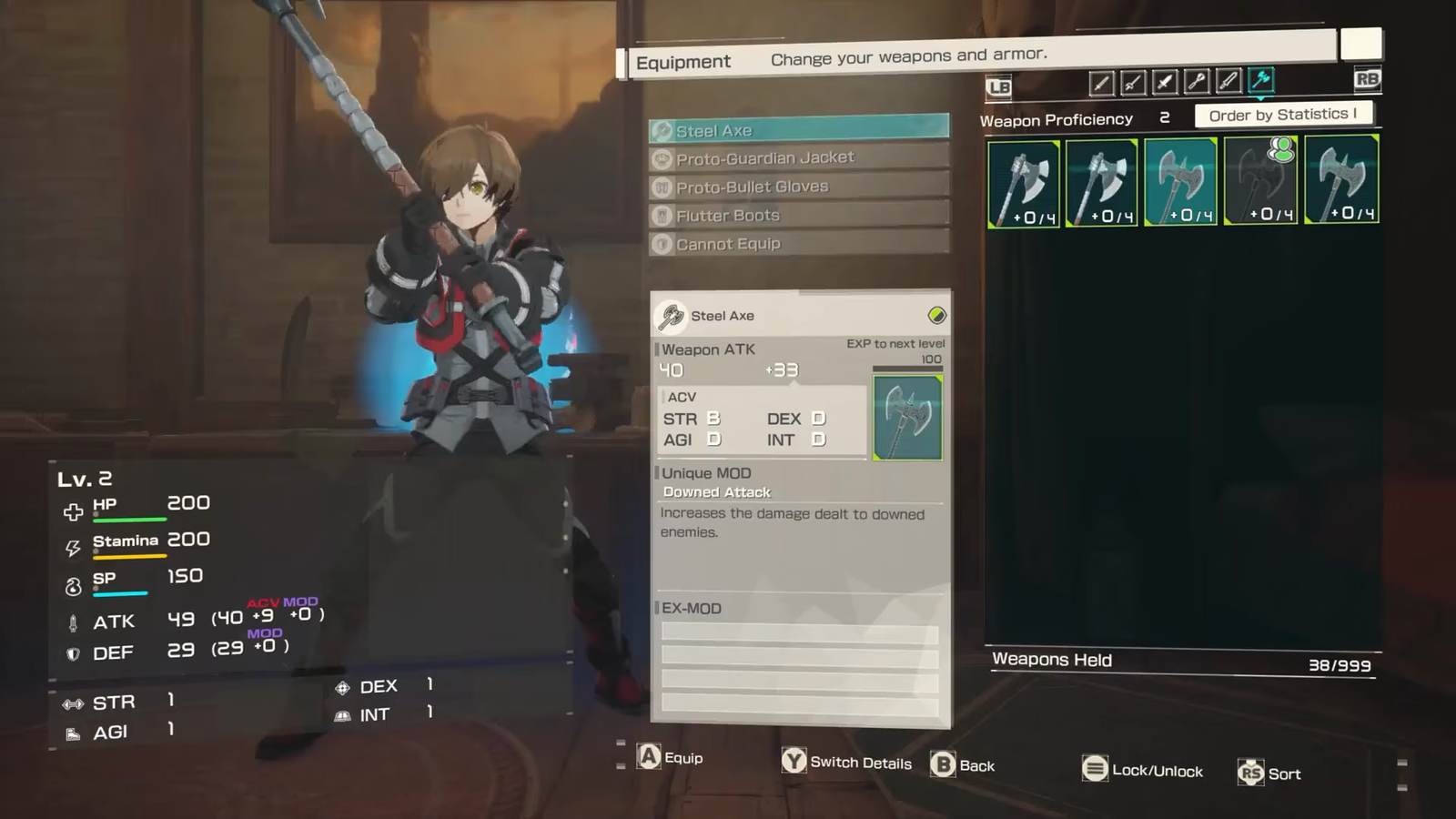 The equipment menu in Echoes of Aincrad showing weapon and gear slots