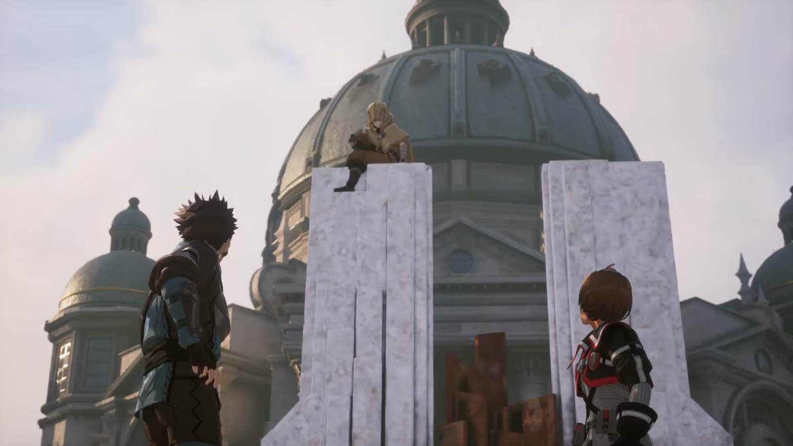 Two characters by a monument in a town in Echoes of Aincrad