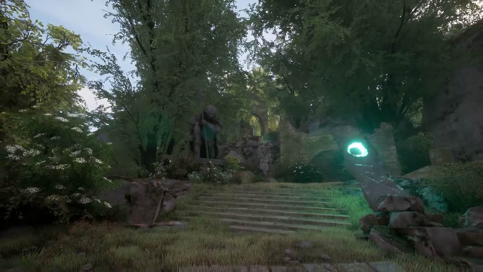 A forest path with a quest marker in Echoes of Aincrad