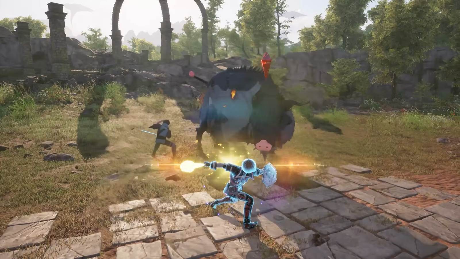 A shield-equipped character guarding an enemy attack in Echoes of Aincrad