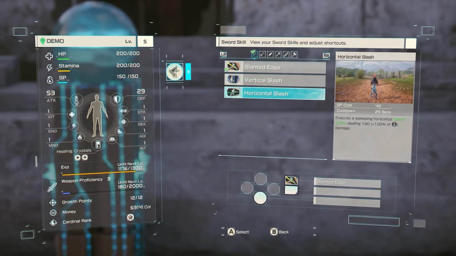 The Sword Skill selection menu in Echoes of Aincrad