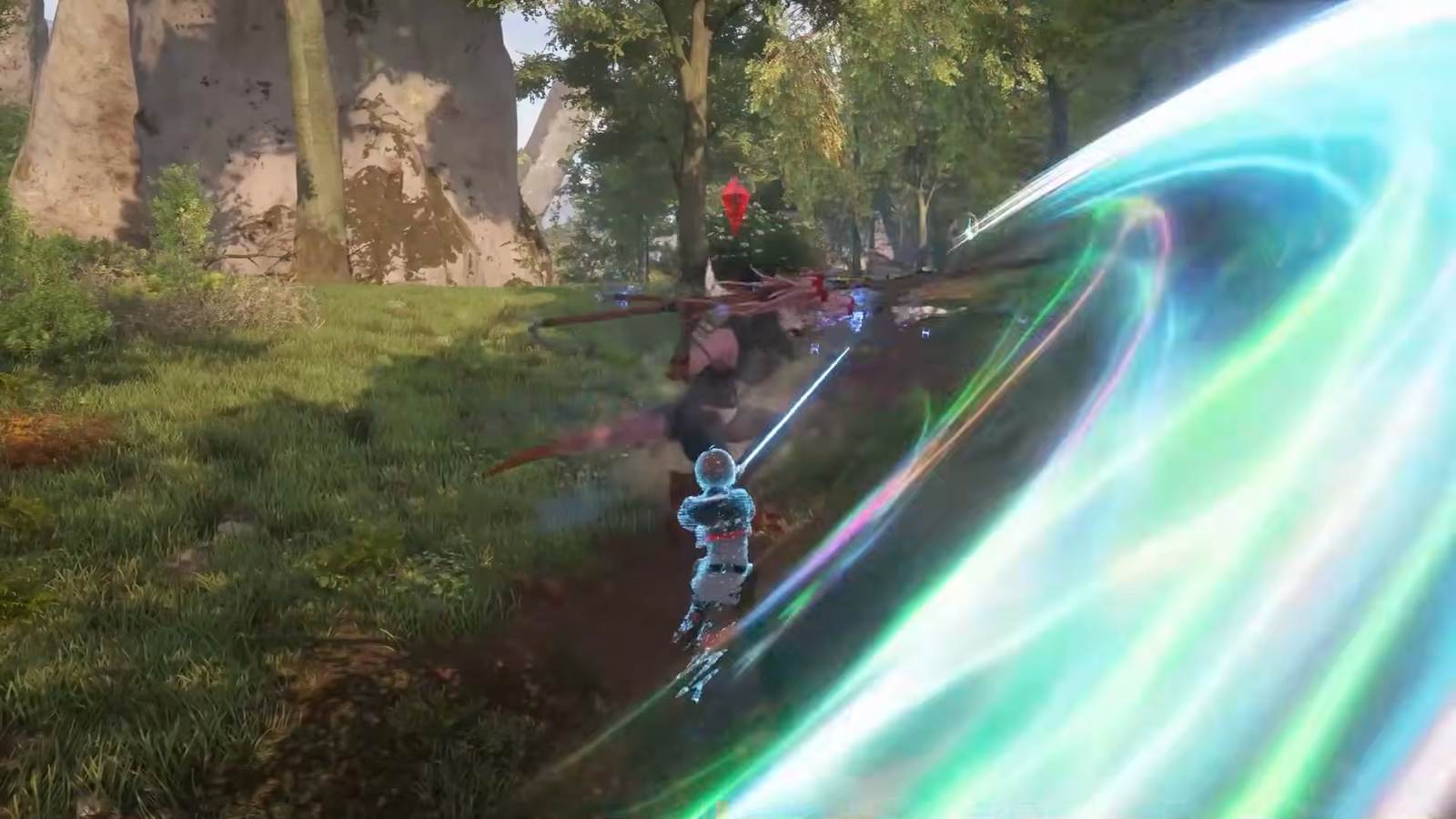 A weapon skill with a bright trailing effect in Echoes of Aincrad